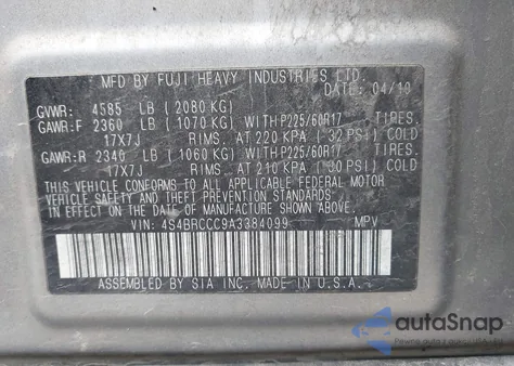 2010 Subaru Outback 2.5I Premium z USA, uszkodzony, nr VIN 4S4BRCCC9A3384099